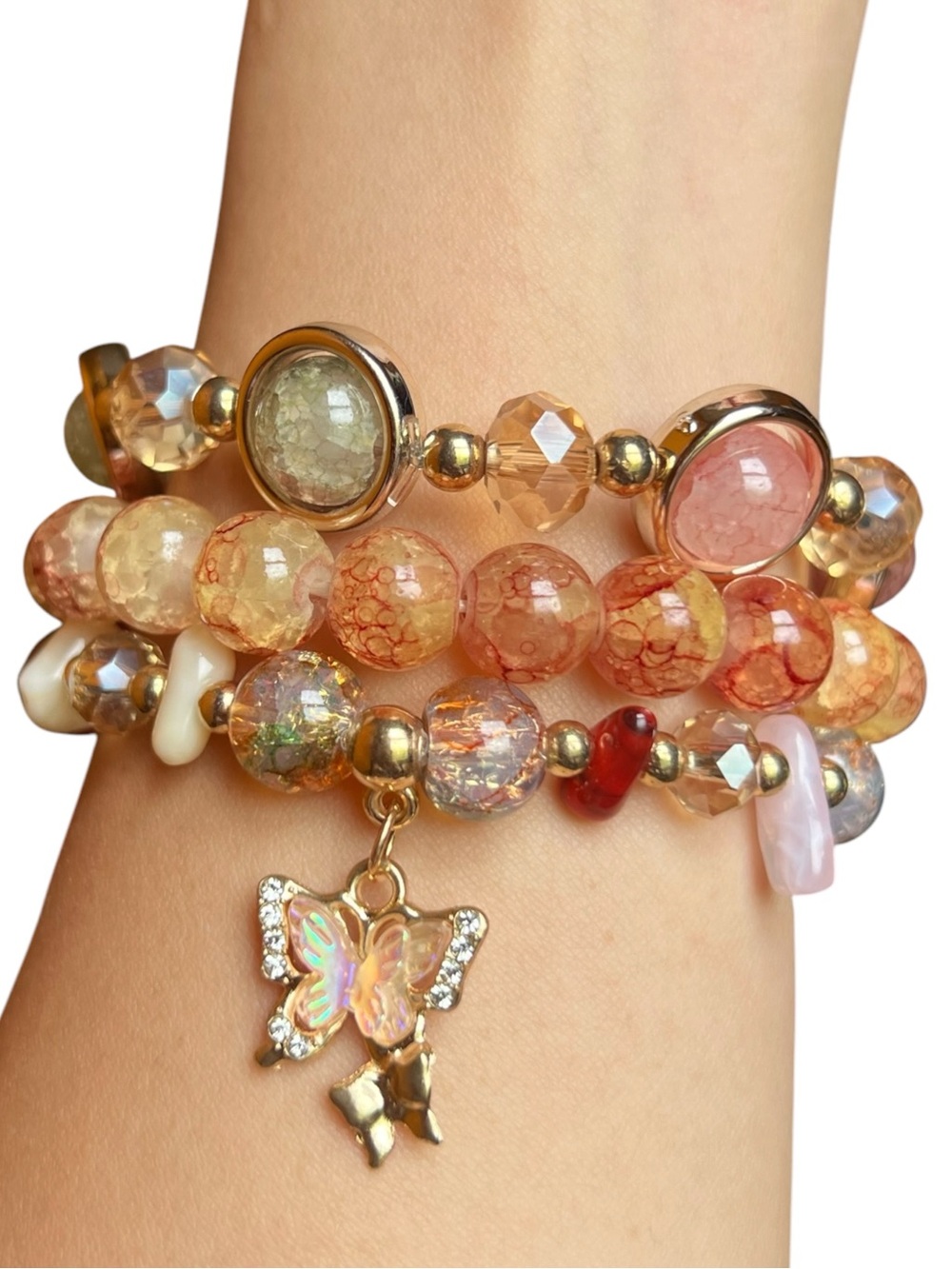 Peachy Orange Butterfly Charm Beaded 3 Pieces Stretch Bracelet Set